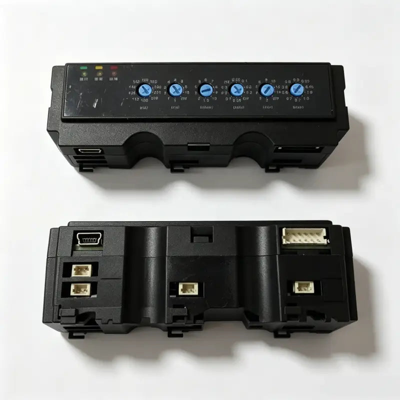 ST-TEM7E Intelligent MCCB Controller front and rear view showing coded switches and communication ports